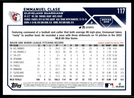 Emmanuel Clase 2023 Topps Series 1 Base Back of Card