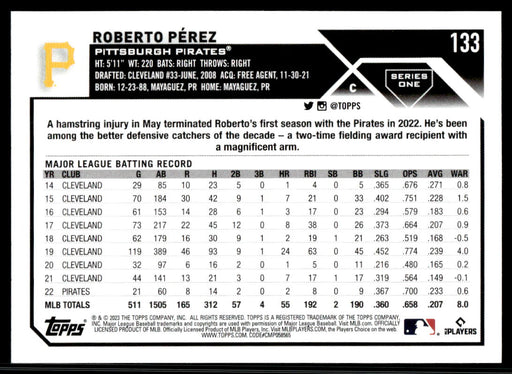 Roberto Perez 2023 Topps Series 1 Base Back of Card