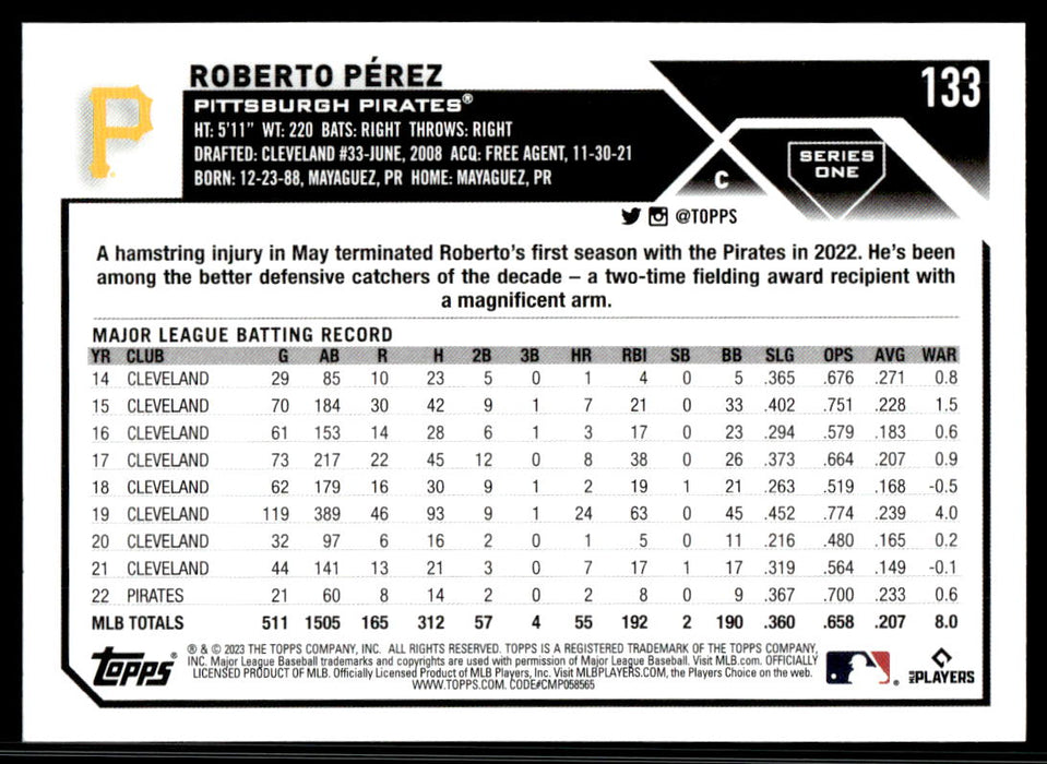 Roberto Perez 2023 Topps Series 1 Base Back of Card