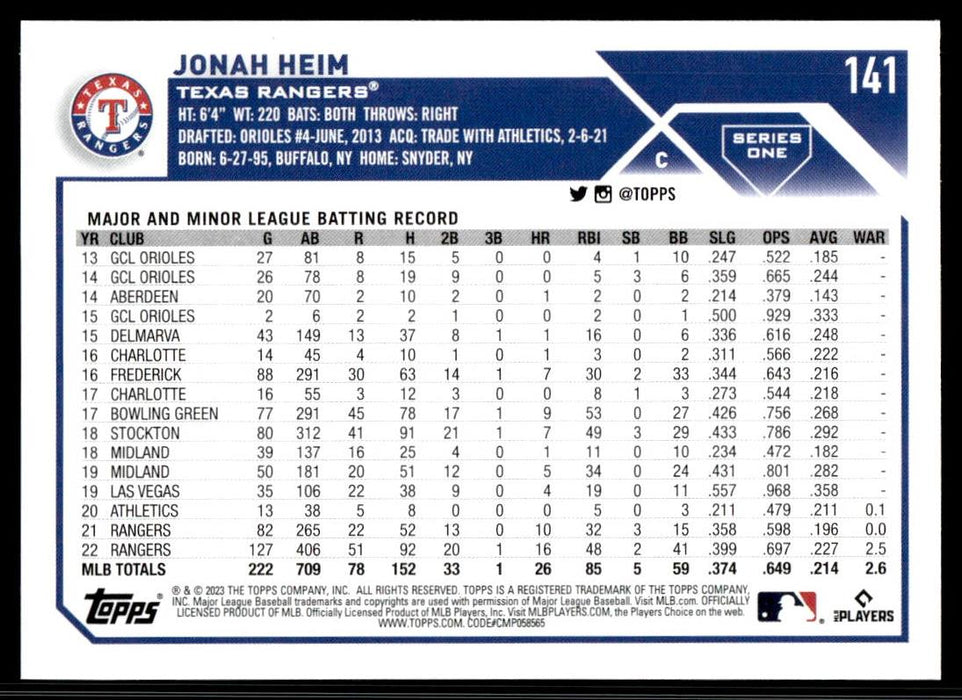 Jonah Heim 2023 Topps Series 1 Base Back of Card