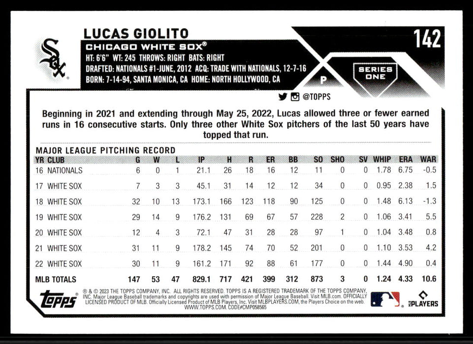 Lucas Giolito 2023 Topps Series 1 Base Back of Card