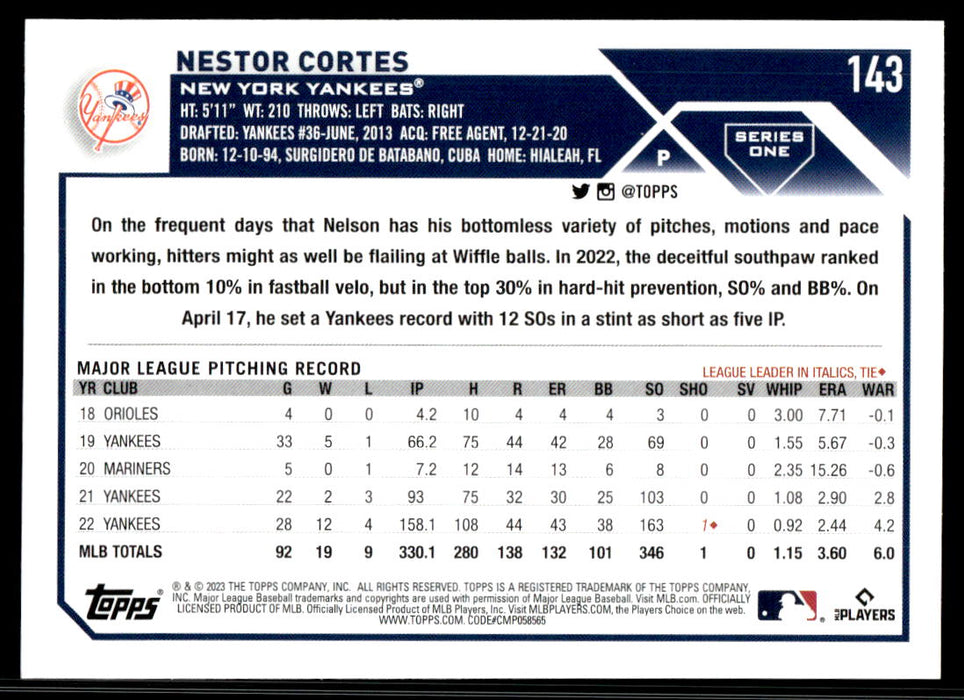 Nestor Cortes 2023 Topps Series 1 Base Back of Card