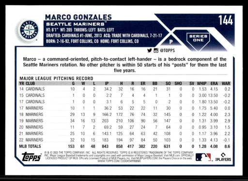 Marco Gonzales 2023 Topps Series 1 Base Back of Card