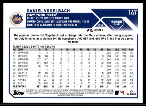 Daniel Vogelbach 2023 Topps Series 1 Base Back of Card