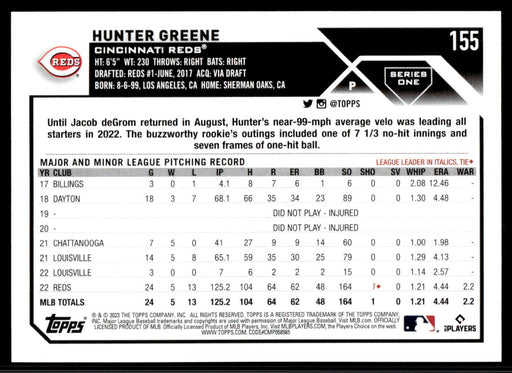 Hunter Greene 2023 Topps Series 1 Base Back of Card