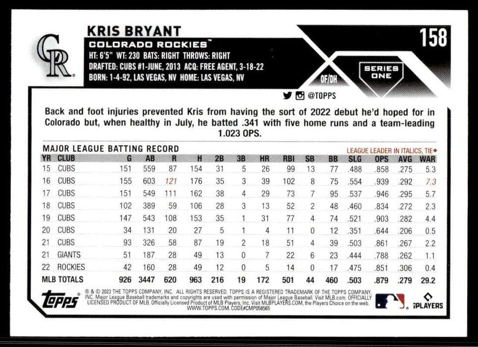 Kris Bryant 2023 Topps Series 1 Base Back of Card