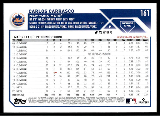 Carlos Carrasco 2023 Topps Series 1 Base Back of Card