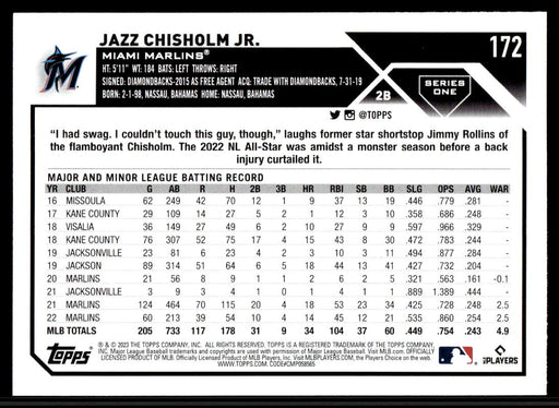 Jazz Chisholm Jr. 2023 Topps Series 1 Base Back of Card