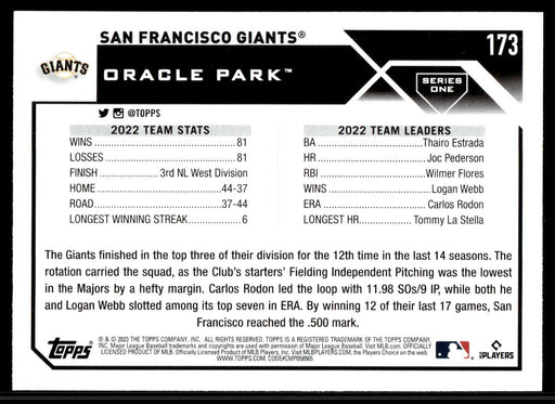 San Francisco Giants 2023 Topps Series 1 Base Back of Card