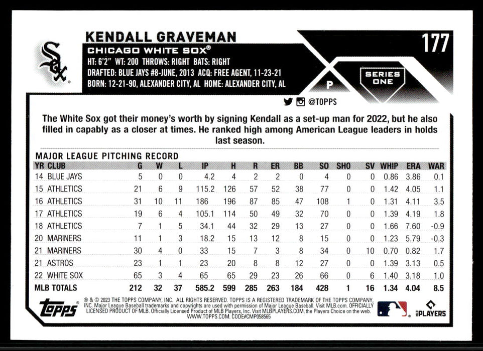 Kendall Graveman 2023 Topps Series 1 Base Back of Card