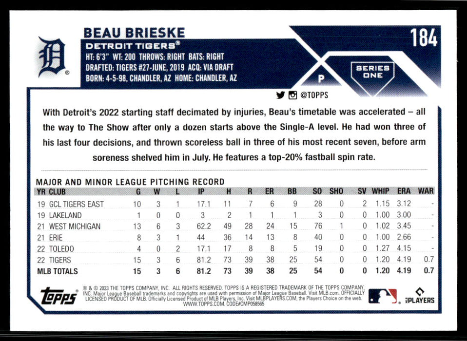 Beau Brieske 2023 Topps Series 1 # 184 Base Detroit Tigers