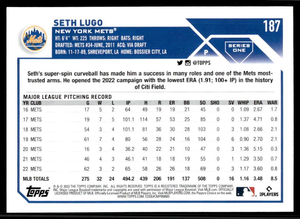 Seth Lugo 2023 Topps Series 1 Base Back of Card