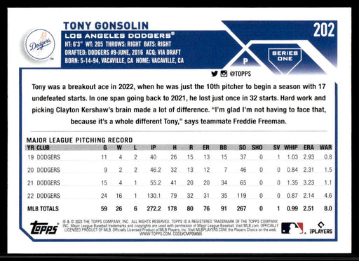 Tony Gonsolin 2023 Topps Series 1 Base Back of Card