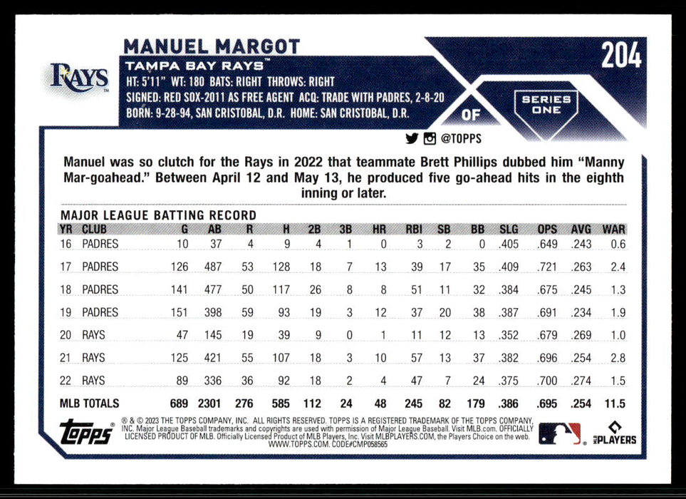 Manuel Margot 2023 Topps Series 1 Base Back of Card