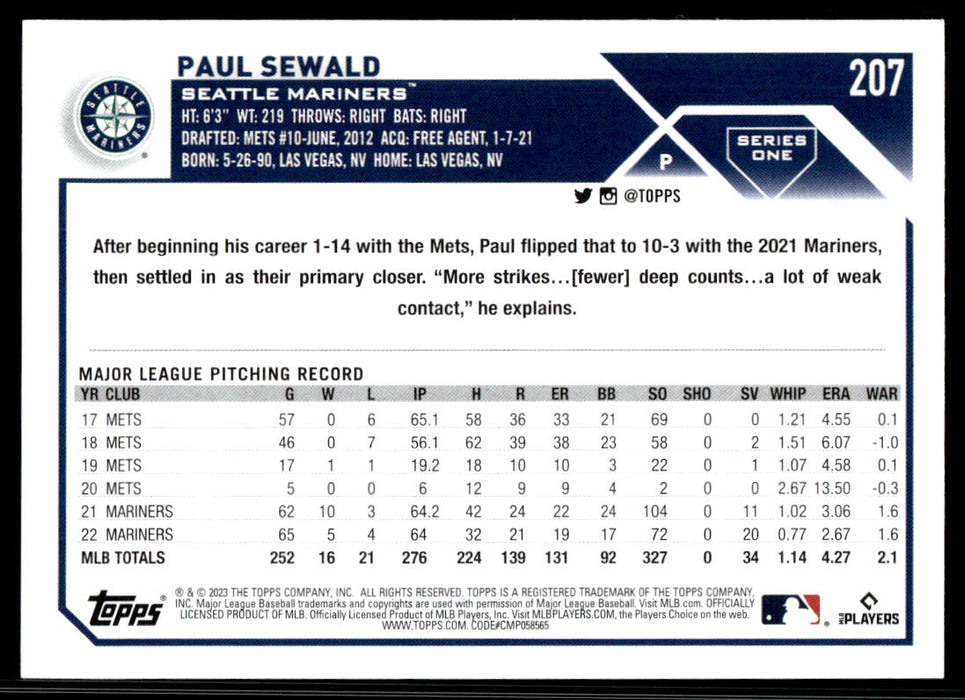 Paul Sewald 2023 Topps Series 1 Base Back of Card