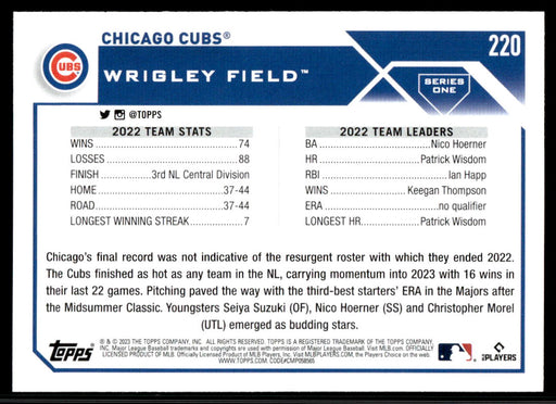 Chicago Cubs 2023 Topps Series 1 Base Back of Card