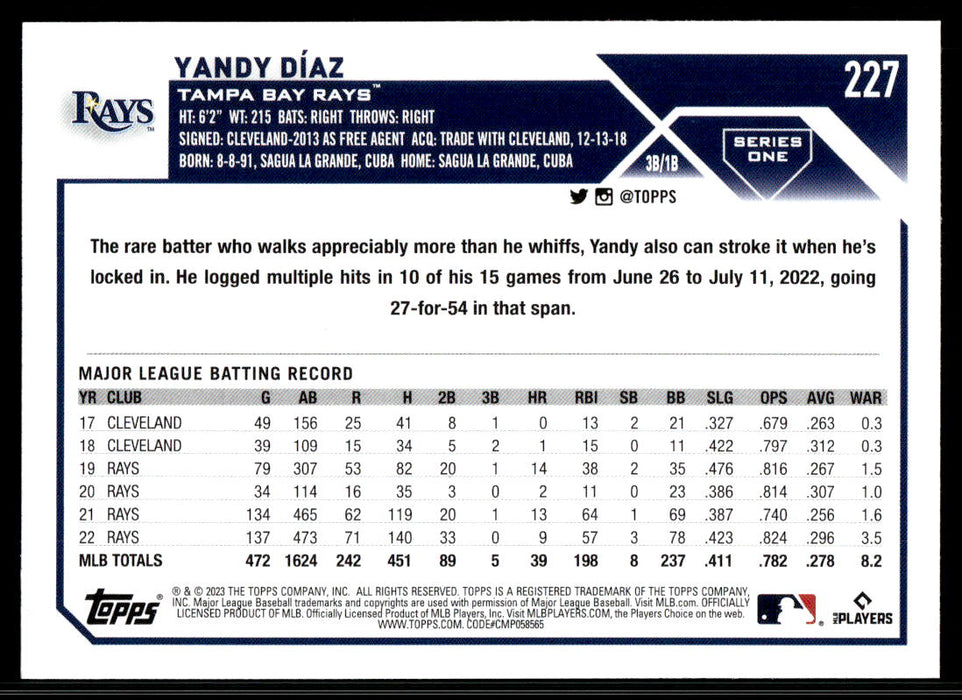 Yandy Diaz 2023 Topps Series 1 Base Back of Card