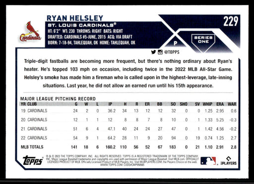 Ryan Helsley 2023 Topps Series 1 Base Back of Card