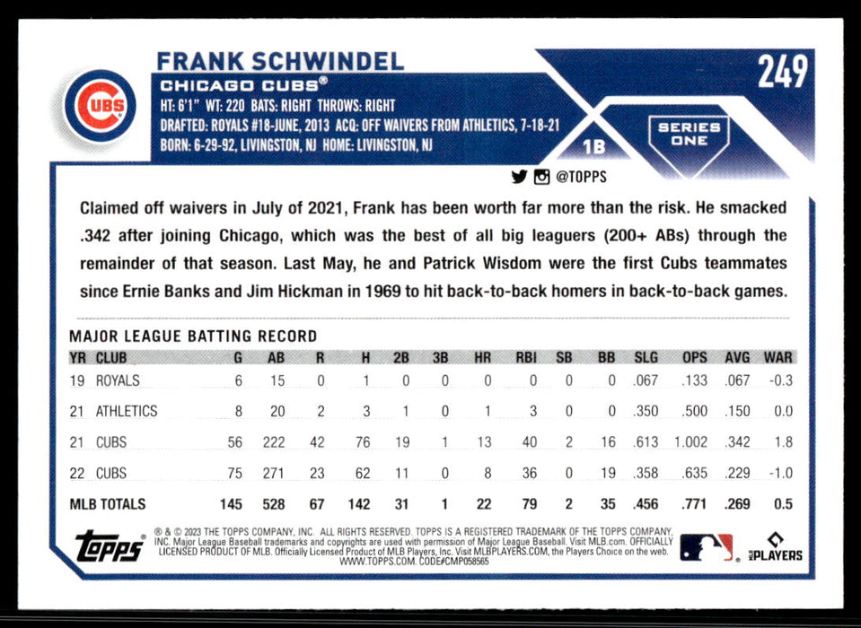 Frank Schwindel 2023 Topps Series 1 # 249 Base Chicago Cubs