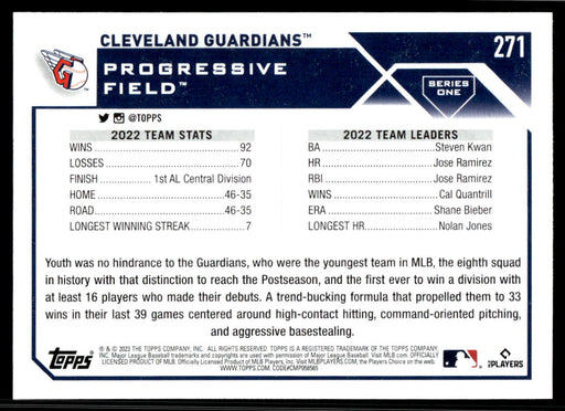 Cleveland Guardians 2023 Topps Series 1 Base Back of Card