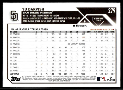 Yu Darvish 2023 Topps Series 1 Base Back of Card