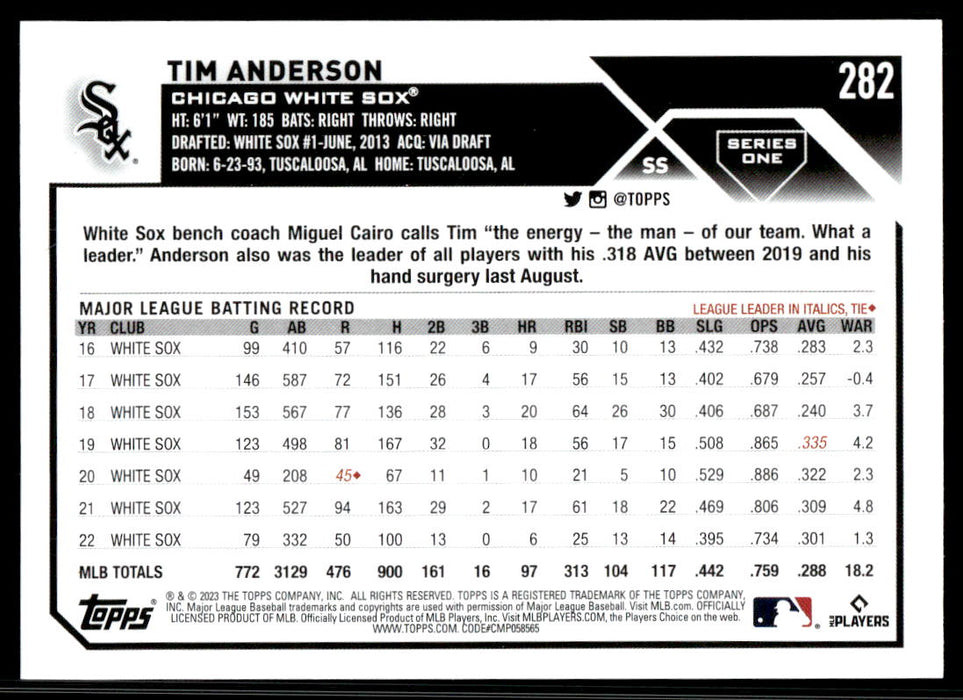 Tim Anderson 2023 Topps Series 1 Base Back of Card