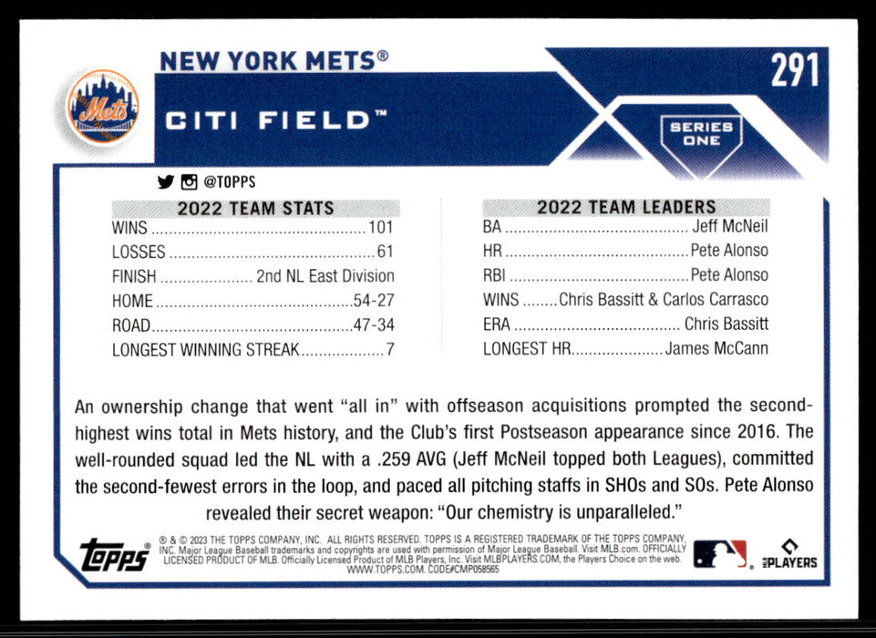 New York Mets 2023 Topps Series 1 Base Back of Card