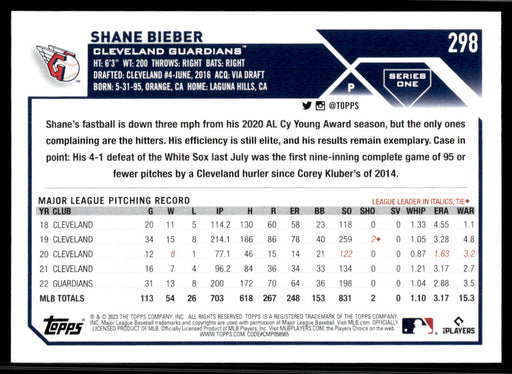 Shane Bieber 2023 Topps Series 1 Base Back of Card