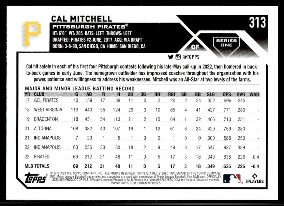 Cal Mitchell 2023 Topps Series 1 Base Back of Card