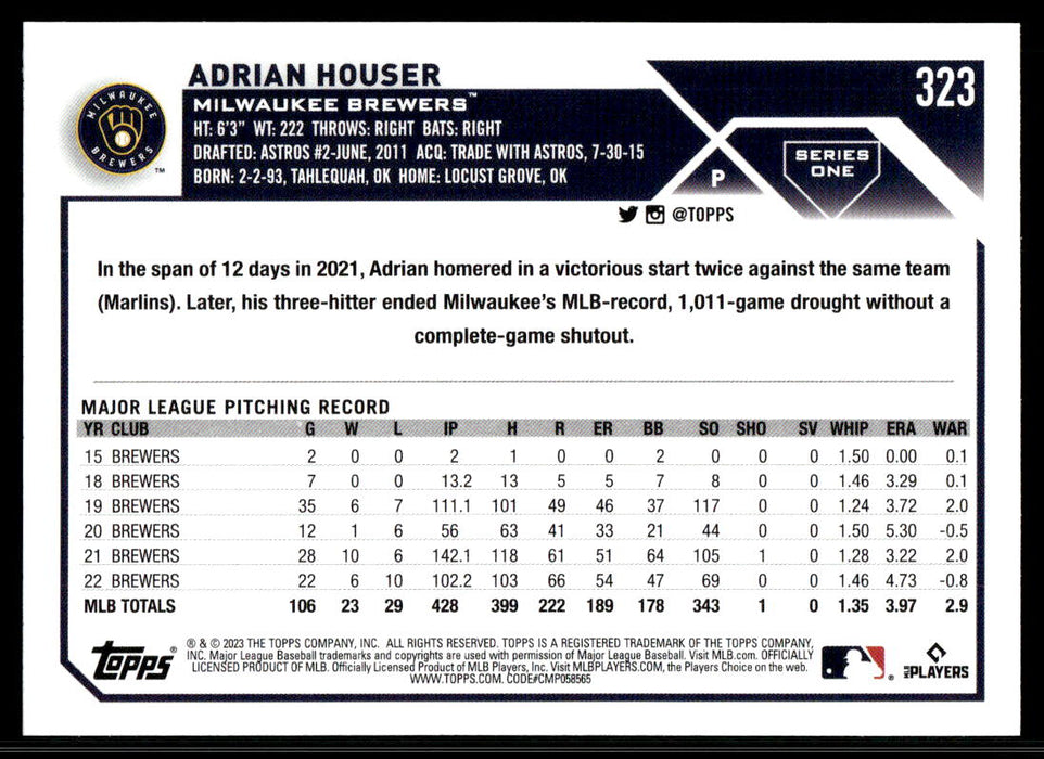 Adrian Houser 2023 Topps Series 1 Base Back of Card