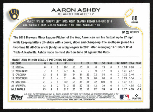 Aaron Ashby 2022 Topps Chrome Baseball # 80 RC Milwaukee Brewers Base - Collectible Craze America