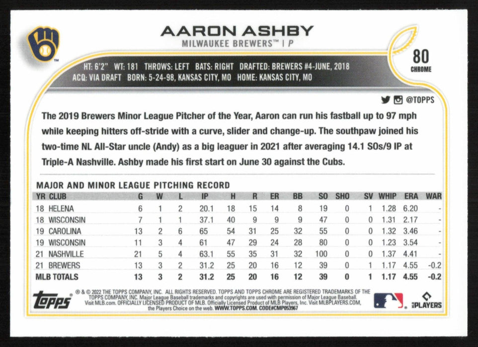 Aaron Ashby 2022 Topps Chrome Baseball # 80 RC Milwaukee Brewers Base - Collectible Craze America