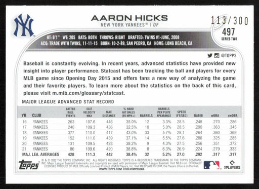 Aaron Hicks 2022 Topps Series 2 # 497 Advanced Stats 113/300 New York Yankees - Collectible Craze America