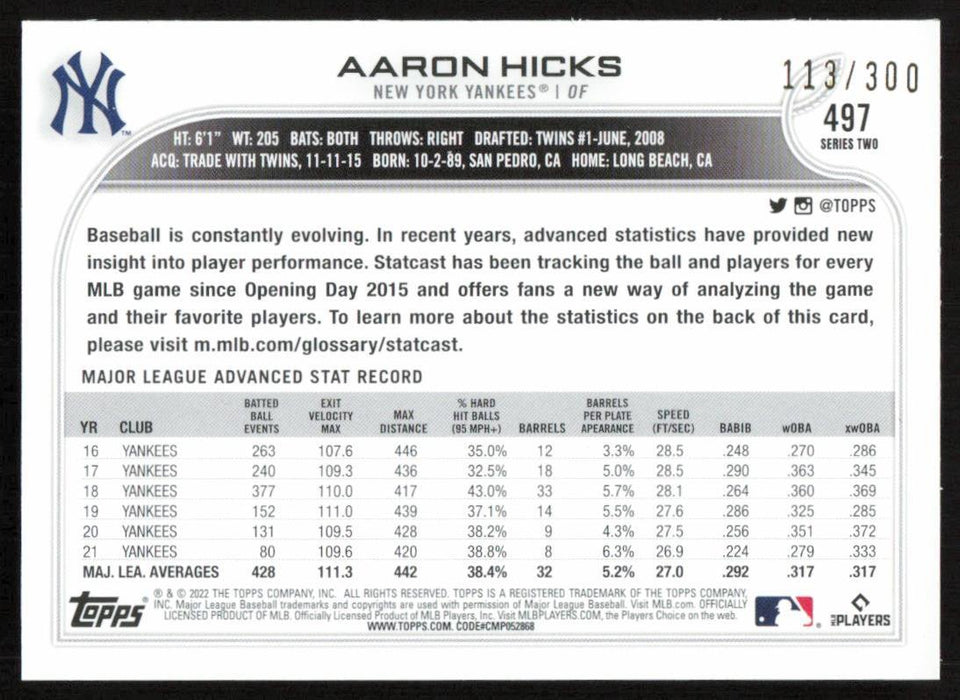 Aaron Hicks 2022 Topps Series 2 # 497 Advanced Stats 113/300 New York Yankees - Collectible Craze America