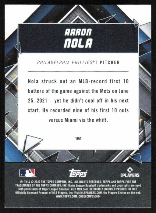 Aaron Nola 2022 Topps Fire Baseball # 151 Philadelphia Phillies Base - Collectible Craze America