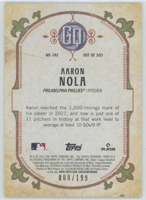 Aaron Nola 2022 Topps Gypsy Queen # 242 8/199 Turquoise Philadelphia Phillies - Collectible Craze America