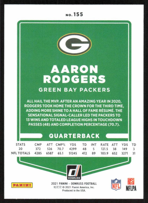 Aaron Rodgers 2021 Donruss Football # 155 Green Bay Packers Base - Collectible Craze America