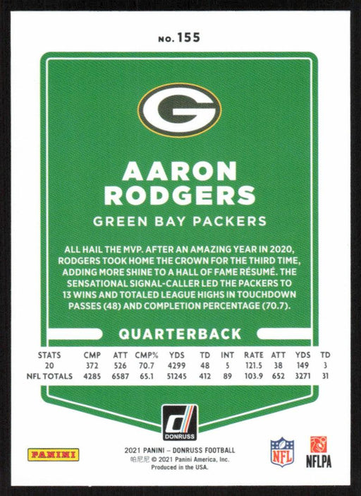 Aaron Rodgers 2021 Donruss Football # 155 Green Bay Packers Image Variation Base - Collectible Craze America