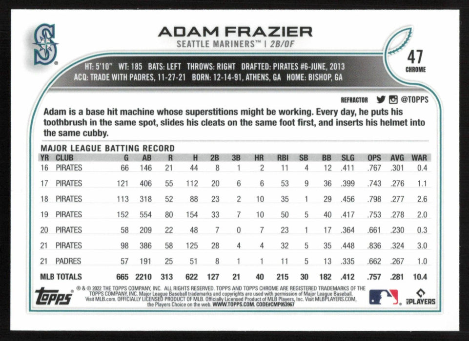 Adam Frazier 2022 Topps Chrome # 47 Refractor Seattle Mariners - Collectible Craze America