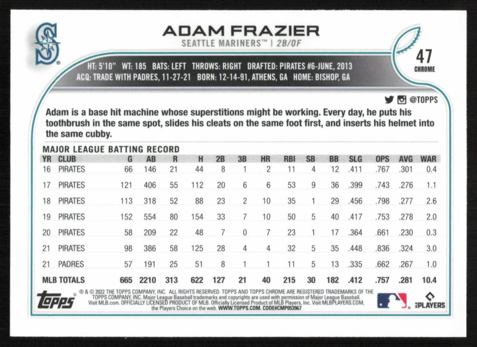Adam Frazier 2022 Topps Chrome Baseball # 47 Seattle Mariners Base - Collectible Craze America
