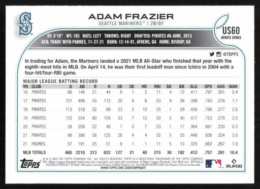 Adam Frazier 2022 Topps Update Rainbow Foil # US60 Seattle Mariners - Collectible Craze America