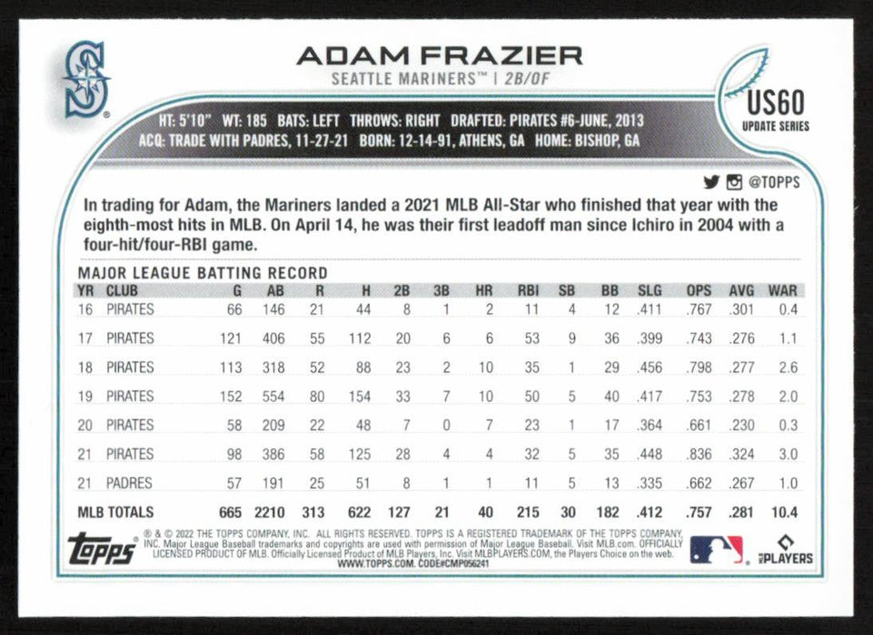 Adam Frazier 2022 Topps Update Rainbow Foil # US60 Seattle Mariners - Collectible Craze America