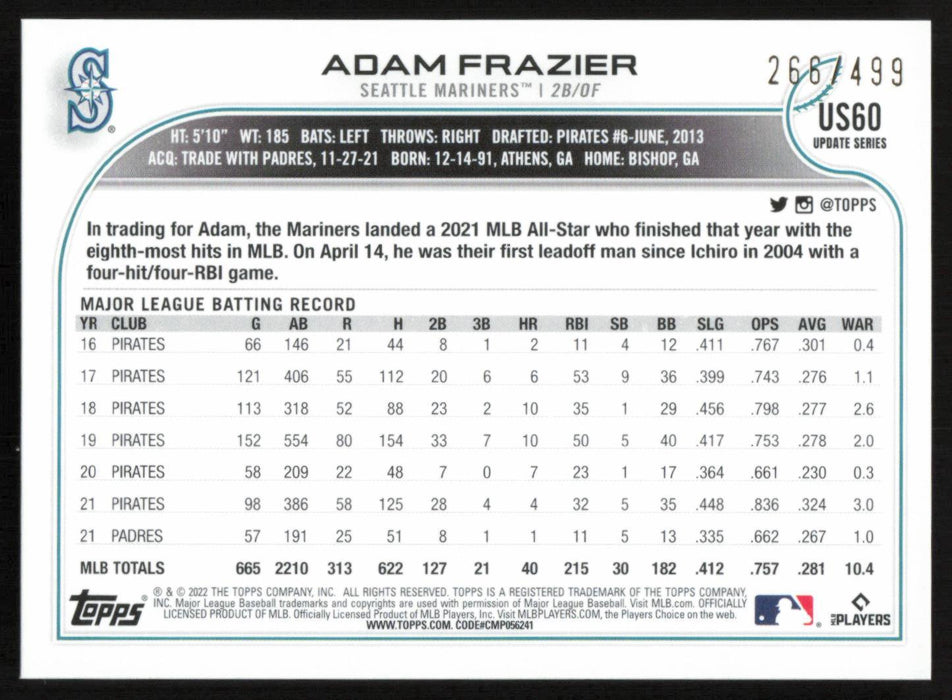 Adam Frazier 2022 Topps Update # US60 Green Foilboard 266/499 Seattle Mariners - Collectible Craze America