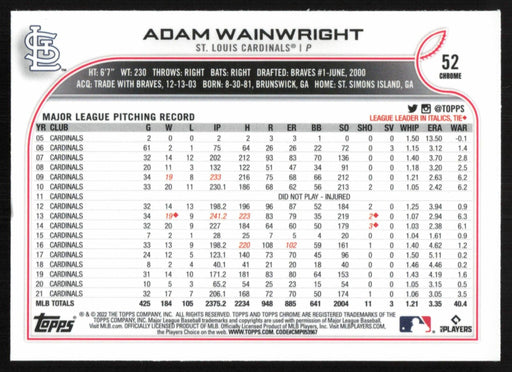 Adam Wainwright 2022 Topps Chrome Baseball # 52 St. Louis Cardinals Base - Collectible Craze America