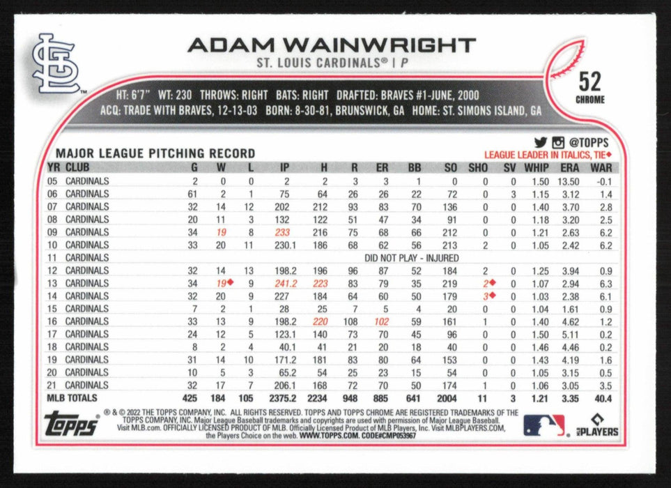 Adam Wainwright 2022 Topps Chrome Baseball # 52 St. Louis Cardinals Base - Collectible Craze America