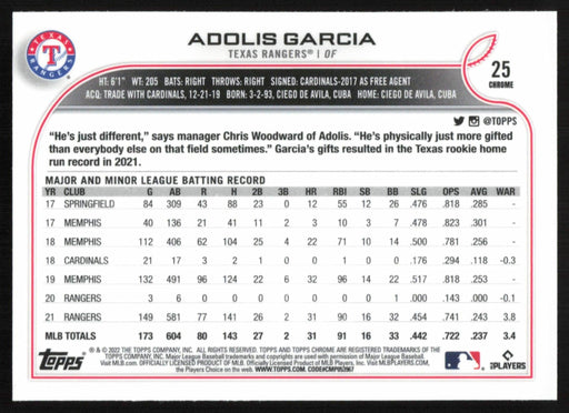 Adolis Garcia 2022 Topps Chrome Baseball # 25 Texas Rangers Base - Collectible Craze America