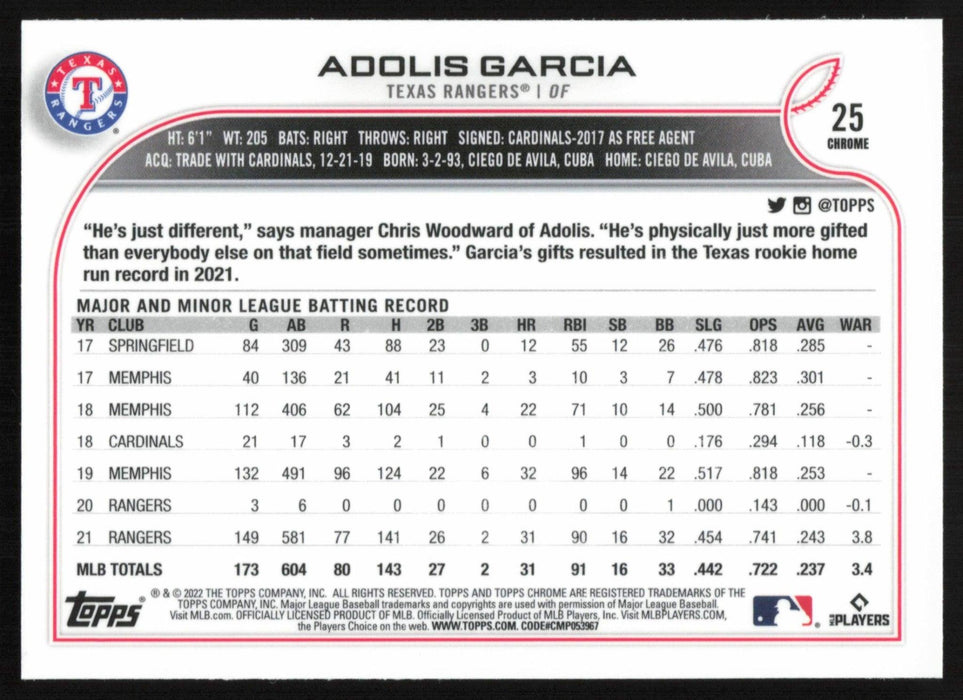 Adolis Garcia 2022 Topps Chrome Baseball # 25 Texas Rangers Base - Collectible Craze America