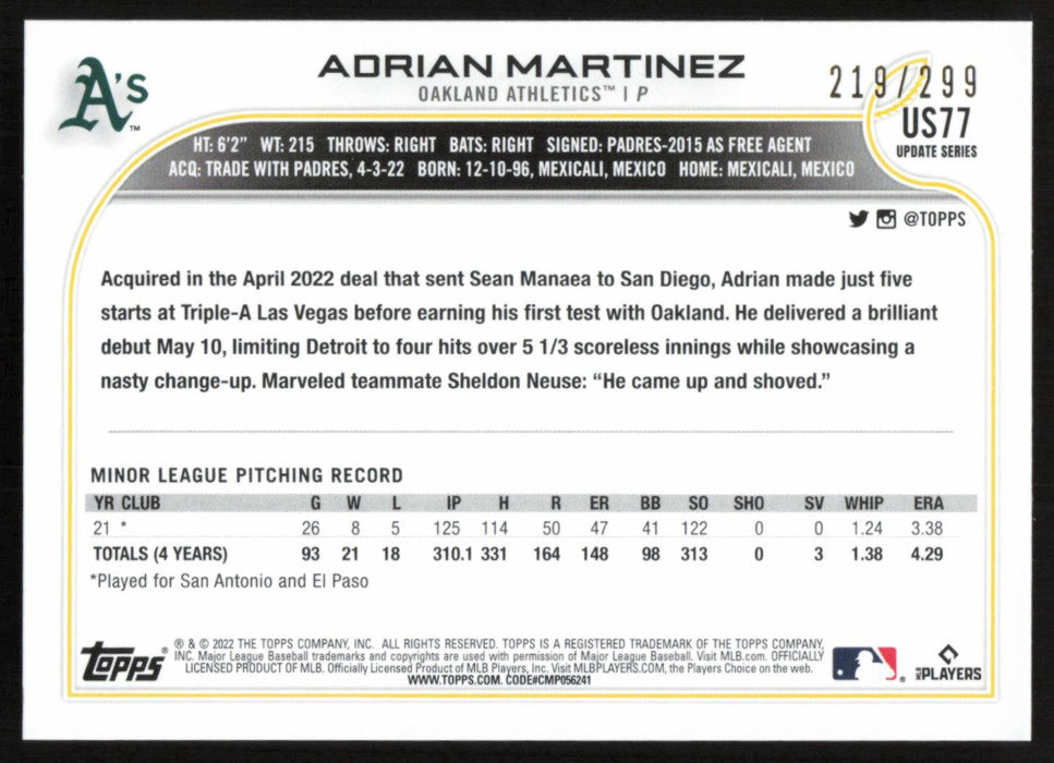 Adrian Martinez 2022 Topps Update # US77 RC Orange Foilboard 219/299 Oakland Athletics - Collectible Craze America