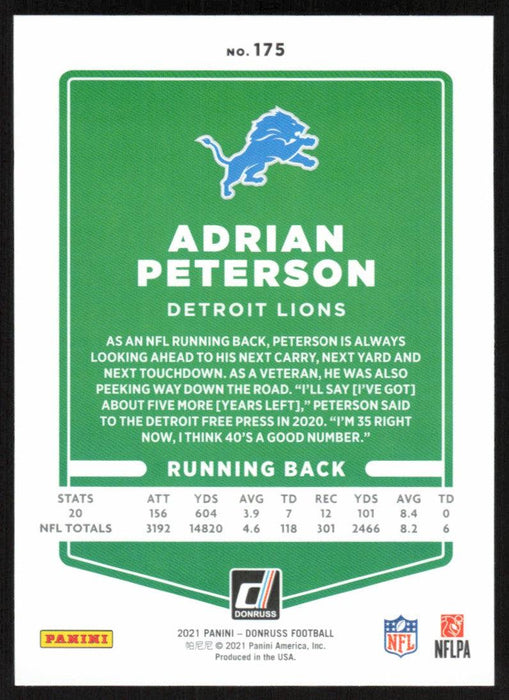 Adrian Peterson 2021 Donruss Football # 175 Detroit Lions Base - Collectible Craze America