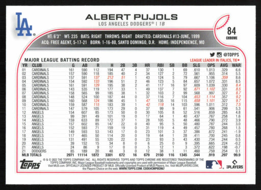 Albert Pujols 2022 Topps Chrome Baseball # 84 Los Angeles Dodgers Base - Collectible Craze America